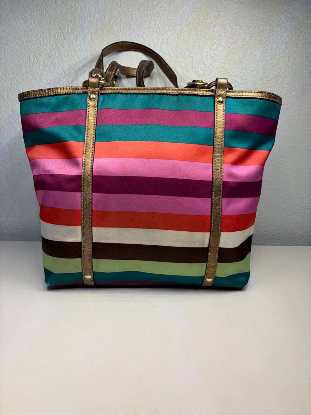 COACH LEGACY Multicolor Striped SATEEN Tote with Gold/ Bronze Trim. 2 Hangtags!! - Picture 5 of 16